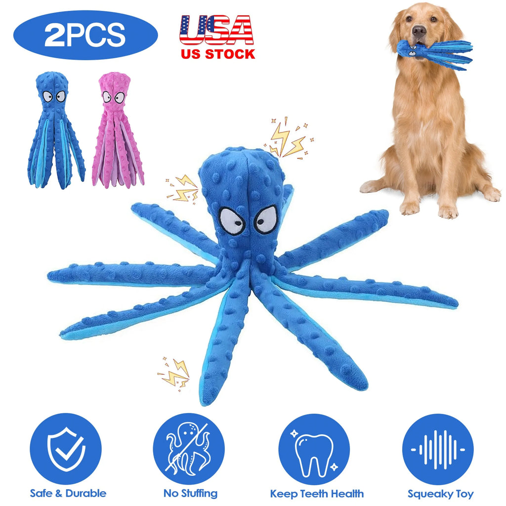 2Pcs Squeaky Dog Toys No Stuffing Crinkle Plush Octopus Dog Teething Toy