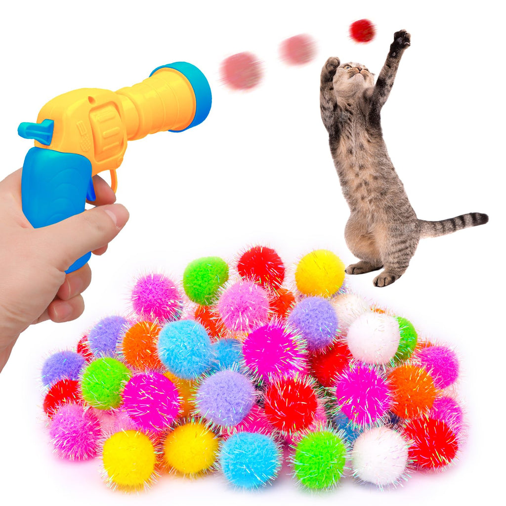 80pcs Glitter Pom-Poms Cat Ball Toy with 1 Launcher